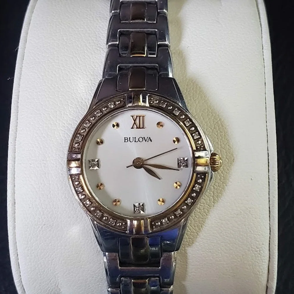 Bulova Womens Two Tone Diamond Accent Watch White Dial Roman Numeral 98R107